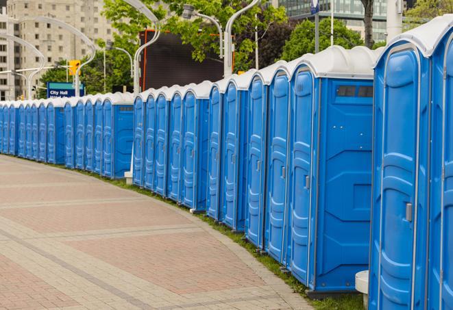 a fleet of portable restrooms ready for use at a large outdoor wedding or celebration in Ashland OH